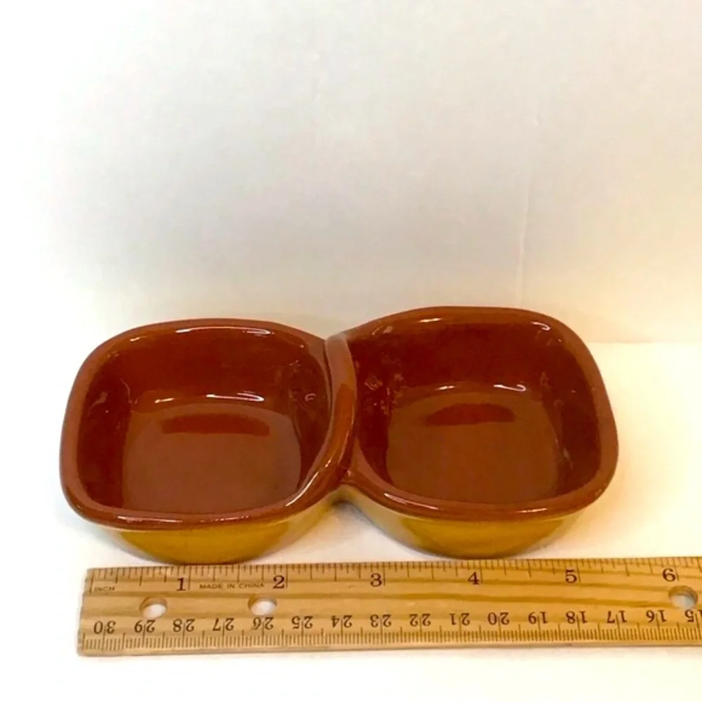 PIER 1 Salt & Pepper Sauce Double Sided Mustard Brown Glaze Pottery Dish